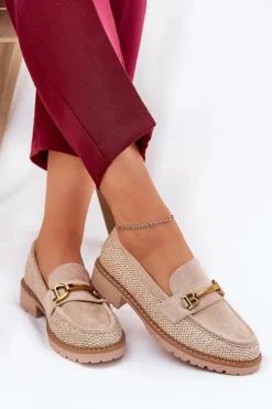 Damskie Boto Mokasyny Damskie Z Plecionką I Złotym Detalem Beżowe Seffolia