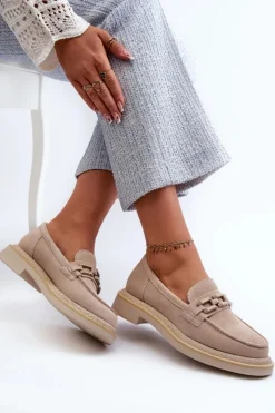 Damskie Damskie buty S.Barski Mokasyny Damskie Zamszowe Na Płaskim Obcasie Z Ozdobą D&A TW101 Beżowe