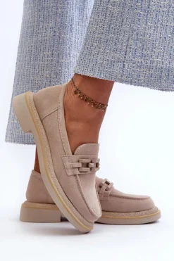 Damskie Damskie buty S.Barski Mokasyny Damskie Zamszowe Na Płaskim Obcasie Z Ozdobą D&A TW101 Beżowe