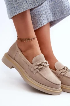 Damskie Damskie buty S.Barski Mokasyny Damskie Zamszowe Na Płaskim Obcasie Z Ozdobą D&A TW101 Beżowe