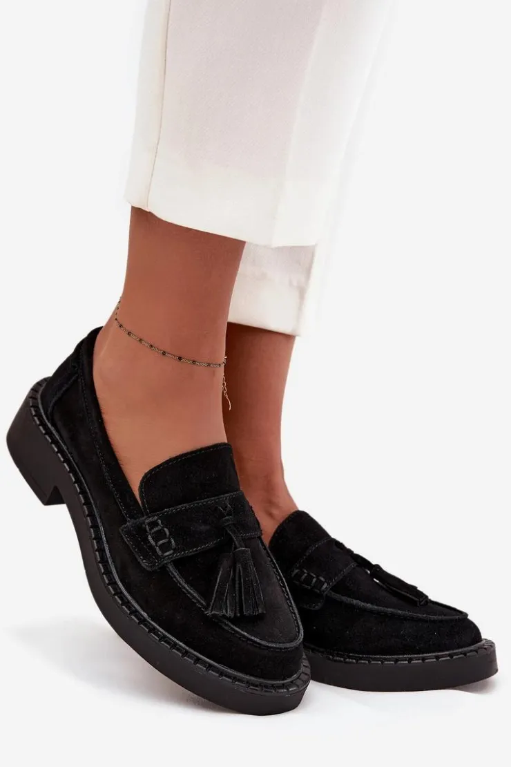 Damskie Damskie buty S.Barski Mokasyny Damskie Zamszowe Z Frędzlami D&A TW107 Czarne