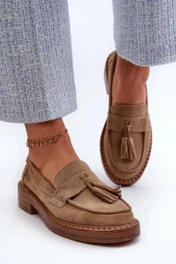 Outlet Damskie buty S.Barski Mokasyny Damskie Zamszowe Z Frędzlami D&A TW107 Brązowe Brązowy