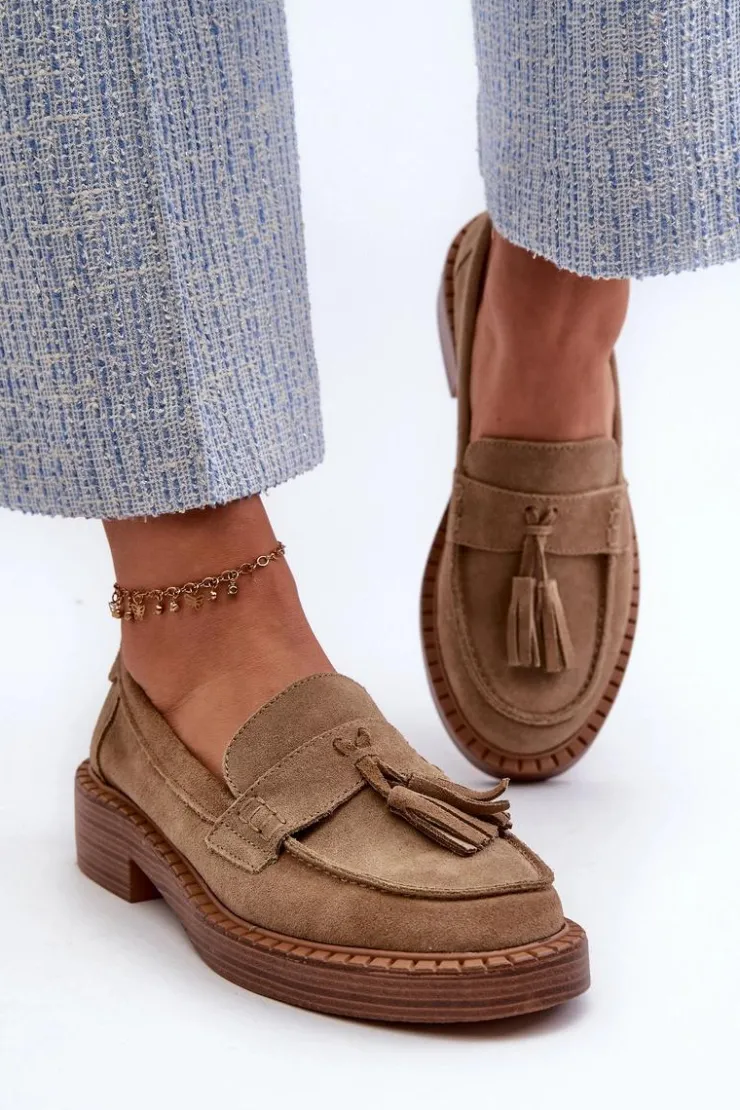 Outlet Damskie buty S.Barski Mokasyny Damskie Zamszowe Z Frędzlami D&A TW107 Brązowe Brązowy