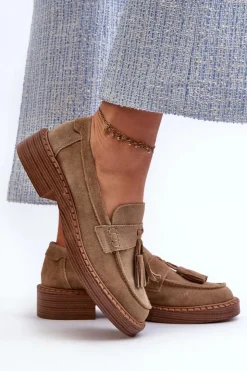 Outlet Damskie buty S.Barski Mokasyny Damskie Zamszowe Z Frędzlami D&A TW107 Brązowe Brązowy