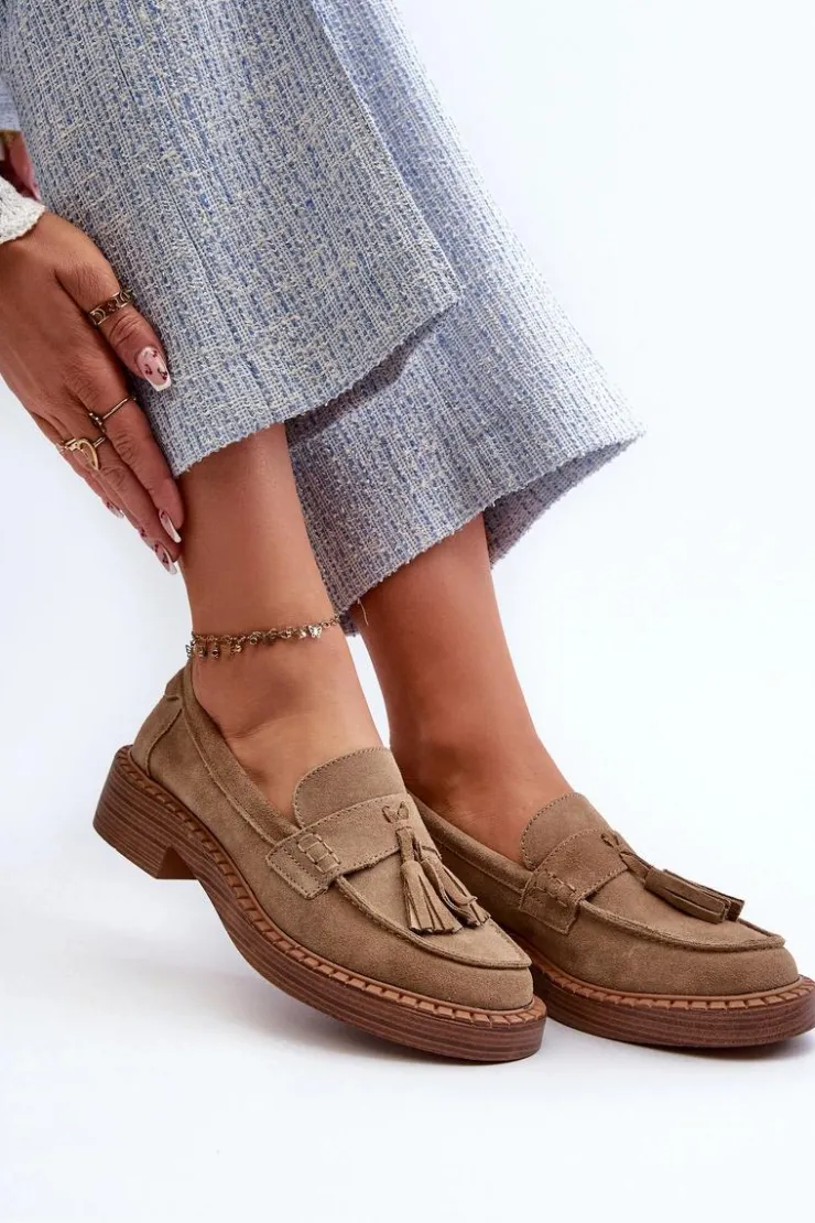 Outlet Damskie buty S.Barski Mokasyny Damskie Zamszowe Z Frędzlami D&A TW107 Brązowe Brązowy