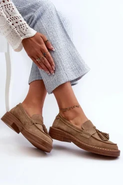 Outlet Damskie buty S.Barski Mokasyny Damskie Zamszowe Z Frędzlami D&A TW107 Brązowe Brązowy