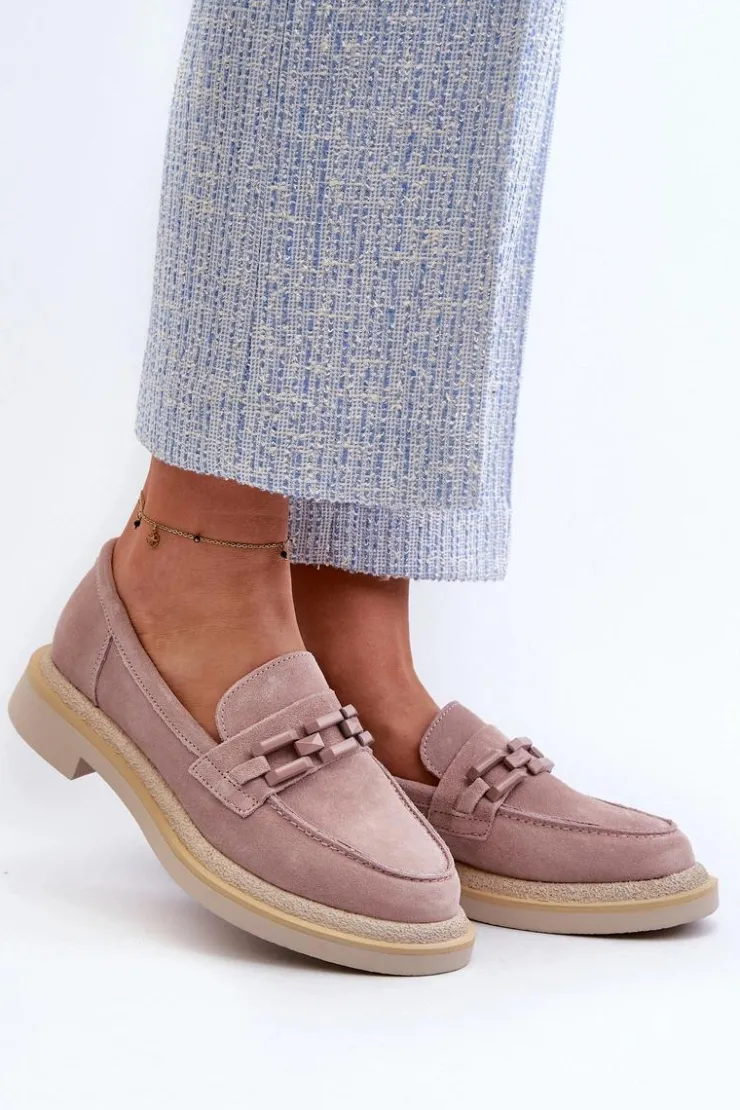 Damskie buty S.Barski Loafersy Damskie|Mokasyny Płaskie*Mokasyny Damskie Zamszowe Na Płaskim Obcasie Z Ozdobą D&A TW101 Brudny Róż Różowy