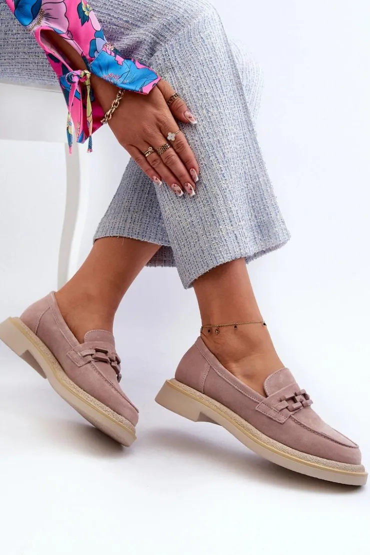 Damskie buty S.Barski Loafersy Damskie|Mokasyny Płaskie*Mokasyny Damskie Zamszowe Na Płaskim Obcasie Z Ozdobą D&A TW101 Brudny Róż Różowy