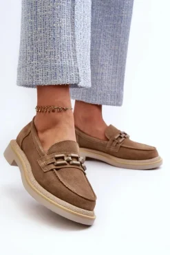 Best Damskie buty S.Barski Mokasyny Damskie Zamszowe Na Płaskim Obcasie Z Ozdobą D&A TW101 Brązowe Brązowy