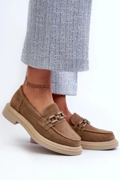 Best Damskie buty S.Barski Mokasyny Damskie Zamszowe Na Płaskim Obcasie Z Ozdobą D&A TW101 Brązowe Brązowy