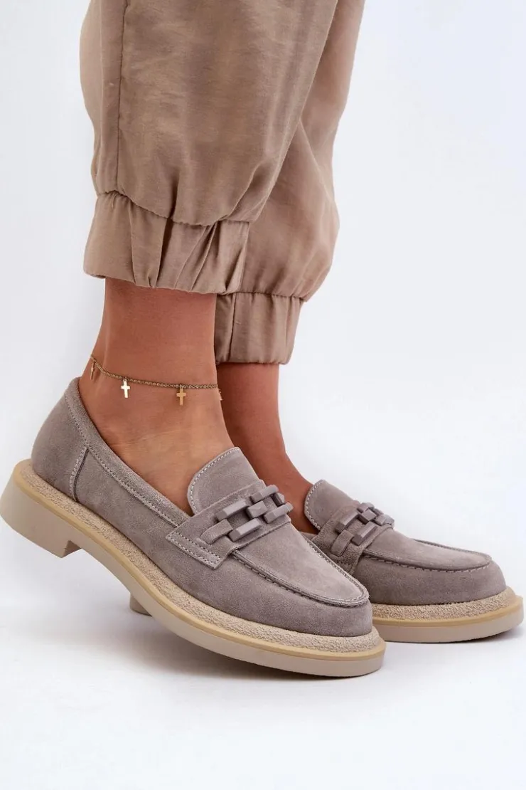 Damskie buty S.Barski Loafersy Damskie|Mokasyny Płaskie*Mokasyny Damskie Zamszowe Na Płaskim Obcasie Z Ozdobą D&A TW101 Szare Szary