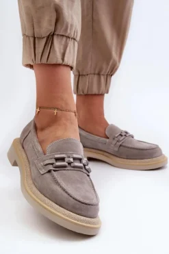 Damskie buty S.Barski Loafersy Damskie|Mokasyny Płaskie*Mokasyny Damskie Zamszowe Na Płaskim Obcasie Z Ozdobą D&A TW101 Szare Szary