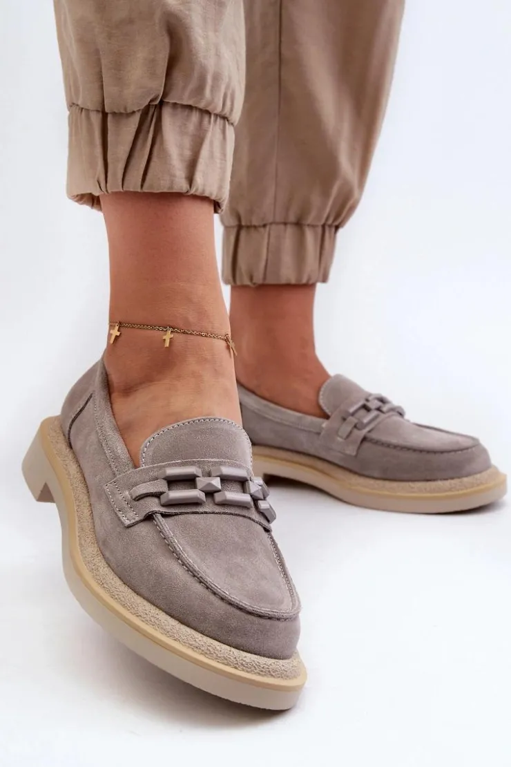 Damskie buty S.Barski Loafersy Damskie|Mokasyny Płaskie*Mokasyny Damskie Zamszowe Na Płaskim Obcasie Z Ozdobą D&A TW101 Szare Szary