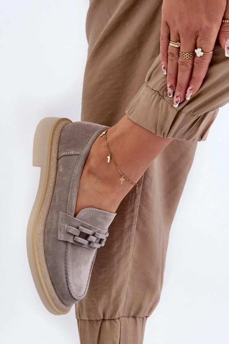 Damskie buty S.Barski Loafersy Damskie|Mokasyny Płaskie*Mokasyny Damskie Zamszowe Na Płaskim Obcasie Z Ozdobą D&A TW101 Szare Szary