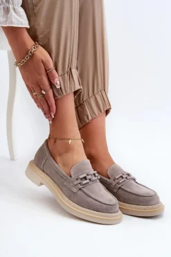 Damskie buty S.Barski Loafersy Damskie|Mokasyny Płaskie*Mokasyny Damskie Zamszowe Na Płaskim Obcasie Z Ozdobą D&A TW101 Szare Szary