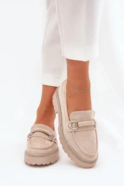 Boto Mokasyny Płaskie|Mokasyny Damskie Skórzane*Mokasyny Damskie Zdobione Cyrkoniami Beżowe Patina