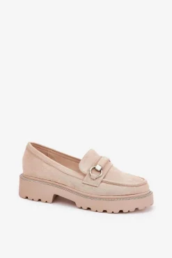 Boto Mokasyny Płaskie|Mokasyny Damskie Skórzane*Mokasyny Damskie Zdobione Cyrkoniami Beżowe Patina