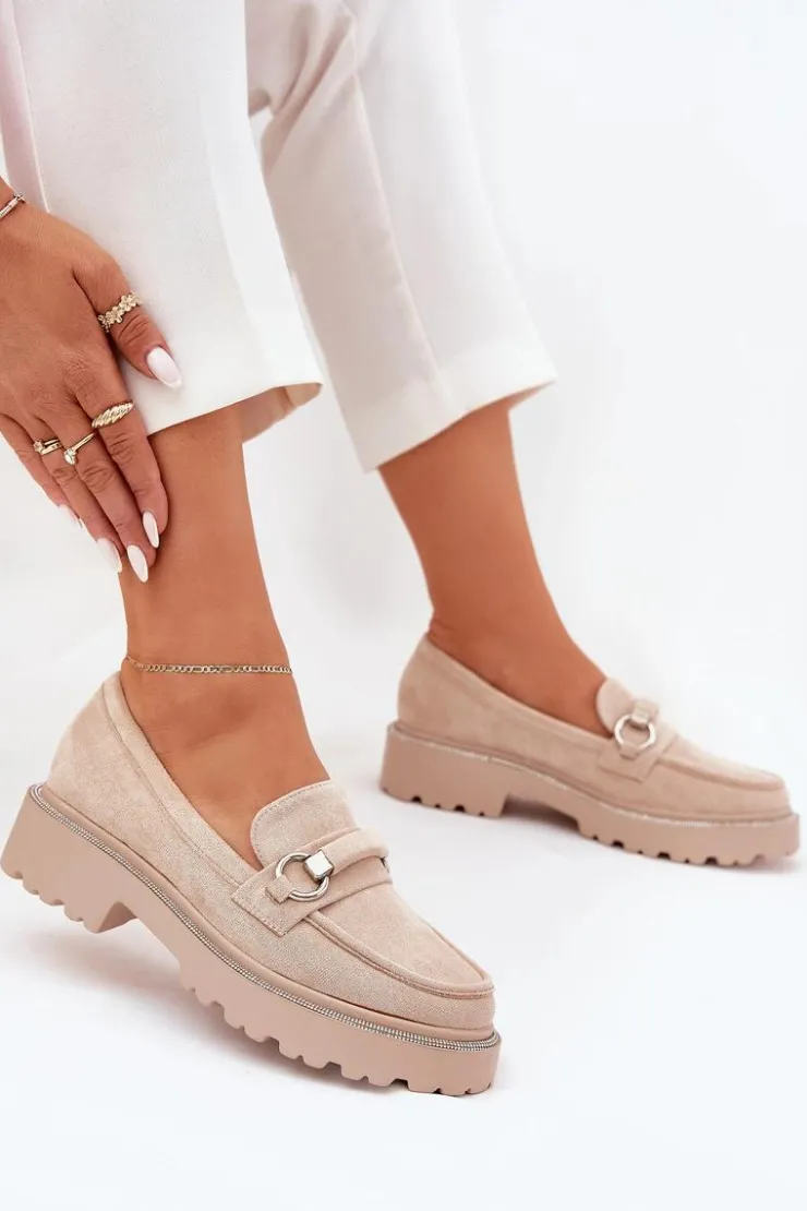 Boto Mokasyny Płaskie|Mokasyny Damskie Skórzane*Mokasyny Damskie Zdobione Cyrkoniami Beżowe Patina