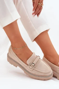 Boto Mokasyny Płaskie|Mokasyny Damskie Skórzane*Mokasyny Damskie Zdobione Cyrkoniami Beżowe Patina