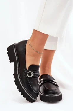 Boto Mokasyny Płaskie|Mokasyny Damskie Skórzane*Mokasyny Damskie Zdobione Cyrkoniami Czarne Patina Czarny