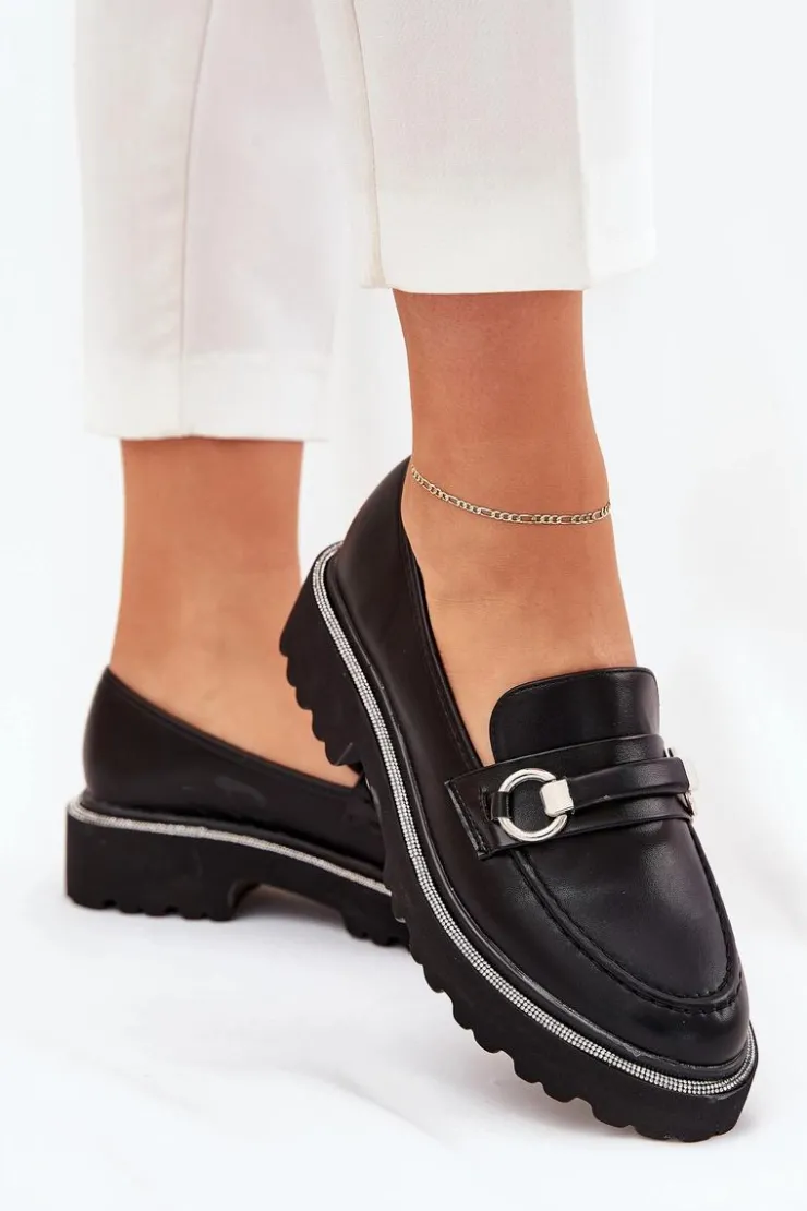 Boto Mokasyny Płaskie|Mokasyny Damskie Skórzane*Mokasyny Damskie Zdobione Cyrkoniami Czarne Patina Czarny