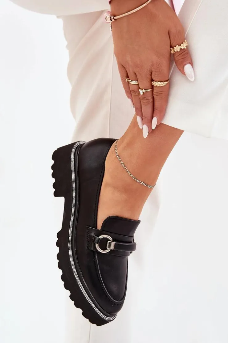 Boto Mokasyny Płaskie|Mokasyny Damskie Skórzane*Mokasyny Damskie Zdobione Cyrkoniami Czarne Patina Czarny