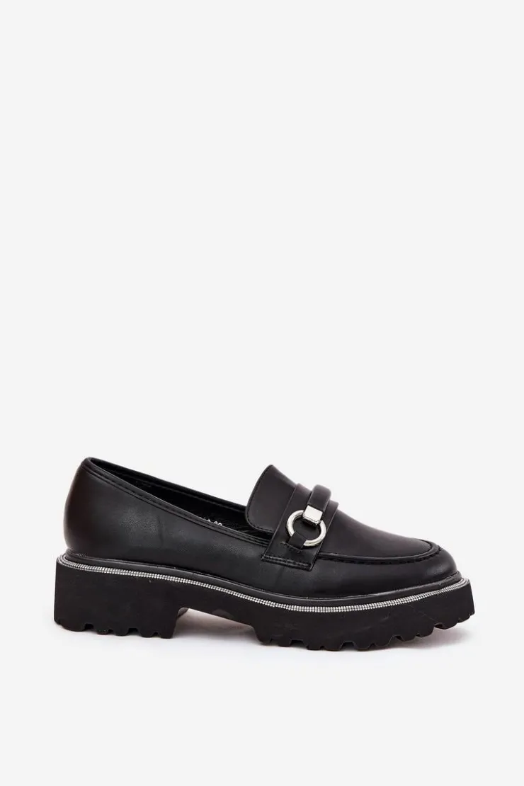 Boto Mokasyny Płaskie|Mokasyny Damskie Skórzane*Mokasyny Damskie Zdobione Cyrkoniami Czarne Patina Czarny