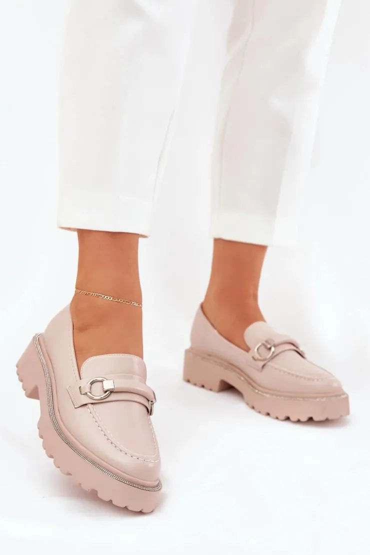 Hot Boto Mokasyny Damskie Zdobione Cyrkoniami Beżowe Patina Beżowy