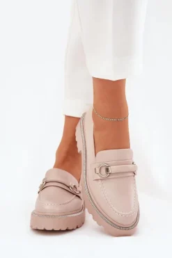 Hot Boto Mokasyny Damskie Zdobione Cyrkoniami Beżowe Patina Beżowy