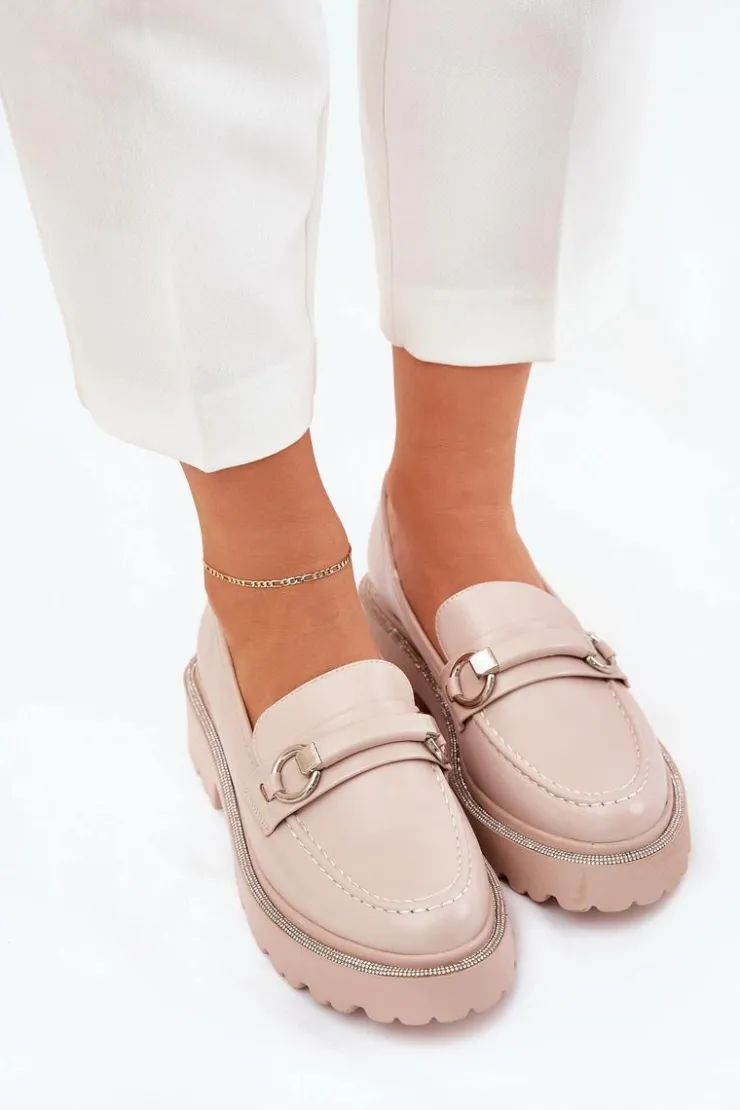 Hot Boto Mokasyny Damskie Zdobione Cyrkoniami Beżowe Patina Beżowy