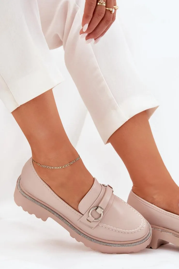 Hot Boto Mokasyny Damskie Zdobione Cyrkoniami Beżowe Patina Beżowy