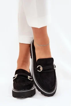 Discount Boto Mokasyny Damskie Zdobione Cyrkoniami Czarne Patina