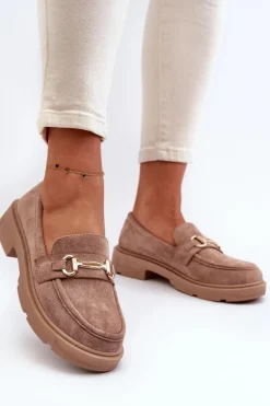 Damskie Boto Mokasyny Damskie Ze Złotą Ozdobą Eko Zamszowe Brązowe Lighas