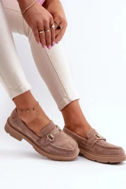 Damskie Boto Mokasyny Damskie Ze Złotą Ozdobą Eko Zamszowe Brązowe Lighas