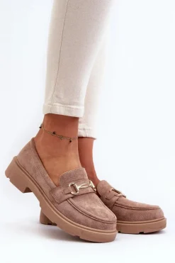 Damskie Boto Mokasyny Damskie Ze Złotą Ozdobą Eko Zamszowe Brązowe Lighas