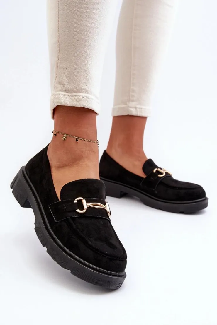 Damskie Boto Mokasyny Damskie Ze Złotą Ozdobą Eko Zamszowe Czarne Lighas