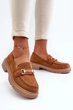 Sale Boto Mokasyny Damskie Ze Złotą Ozdobą Eko Zamszowe Camel Lighas