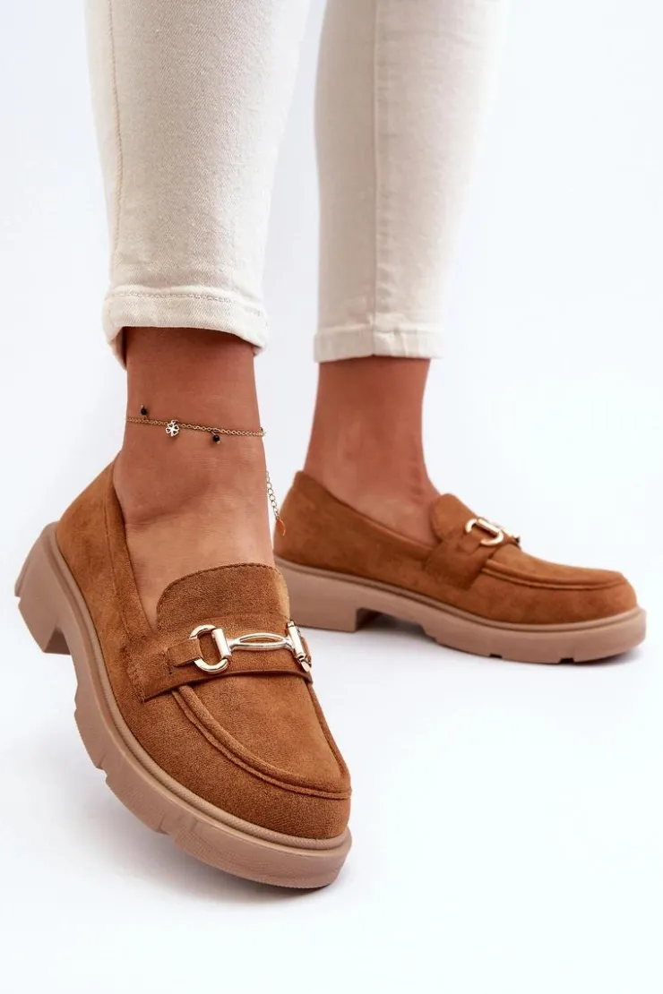 Sale Boto Mokasyny Damskie Ze Złotą Ozdobą Eko Zamszowe Camel Lighas