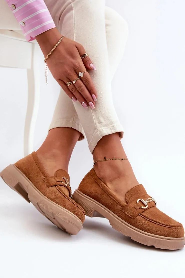 Sale Boto Mokasyny Damskie Ze Złotą Ozdobą Eko Zamszowe Camel Lighas