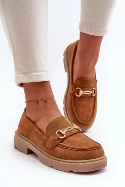 Sale Boto Mokasyny Damskie Ze Złotą Ozdobą Eko Zamszowe Camel Lighas