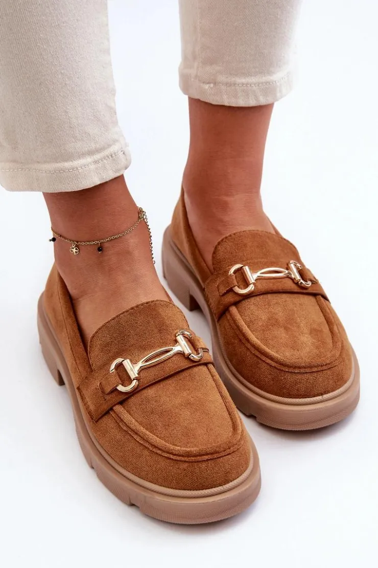 Sale Boto Mokasyny Damskie Ze Złotą Ozdobą Eko Zamszowe Camel Lighas