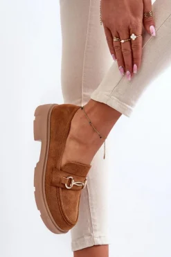 Sale Boto Mokasyny Damskie Ze Złotą Ozdobą Eko Zamszowe Camel Lighas