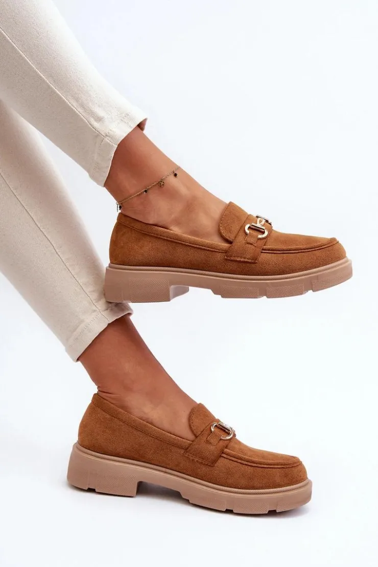 Sale Boto Mokasyny Damskie Ze Złotą Ozdobą Eko Zamszowe Camel Lighas