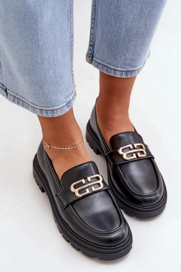 New Boto Mokasyny Damskie Ze Złotym Detalem Czarne Trionna