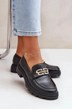 New Boto Mokasyny Damskie Ze Złotym Detalem Czarne Trionna