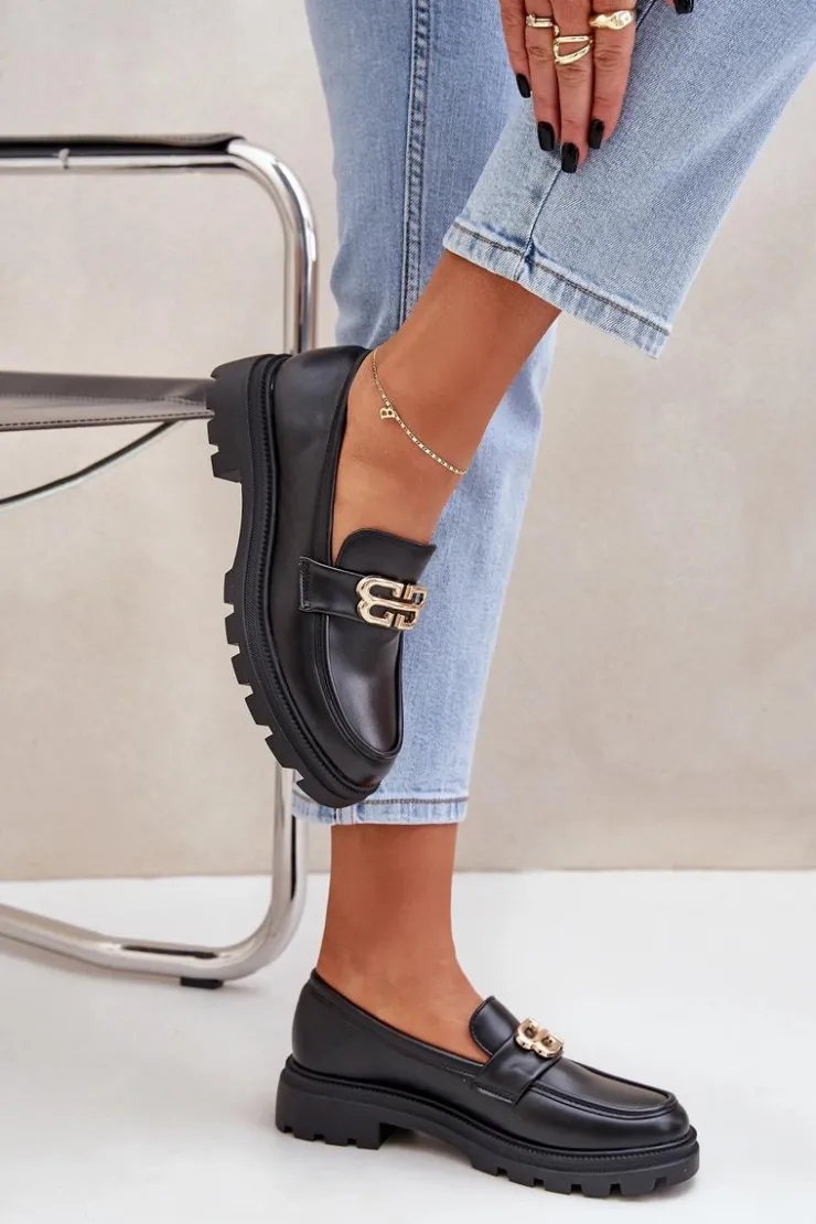 New Boto Mokasyny Damskie Ze Złotym Detalem Czarne Trionna