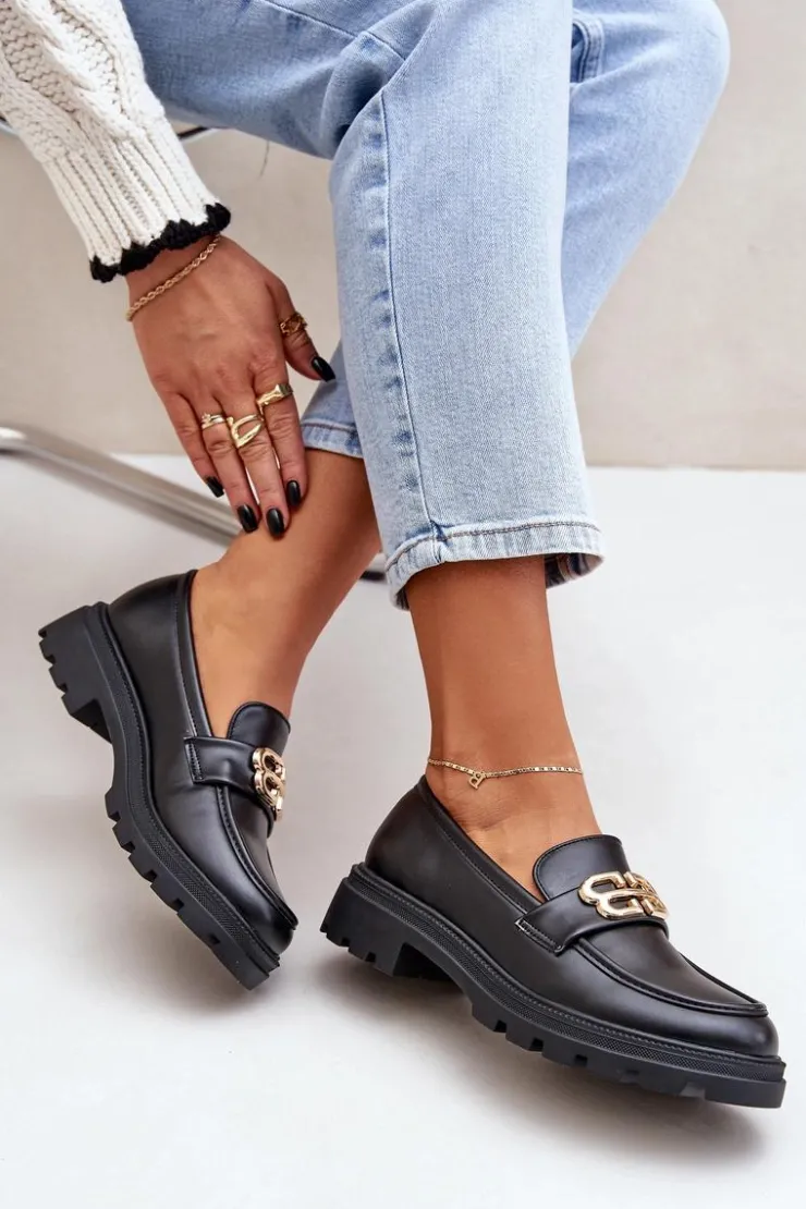 New Boto Mokasyny Damskie Ze Złotym Detalem Czarne Trionna