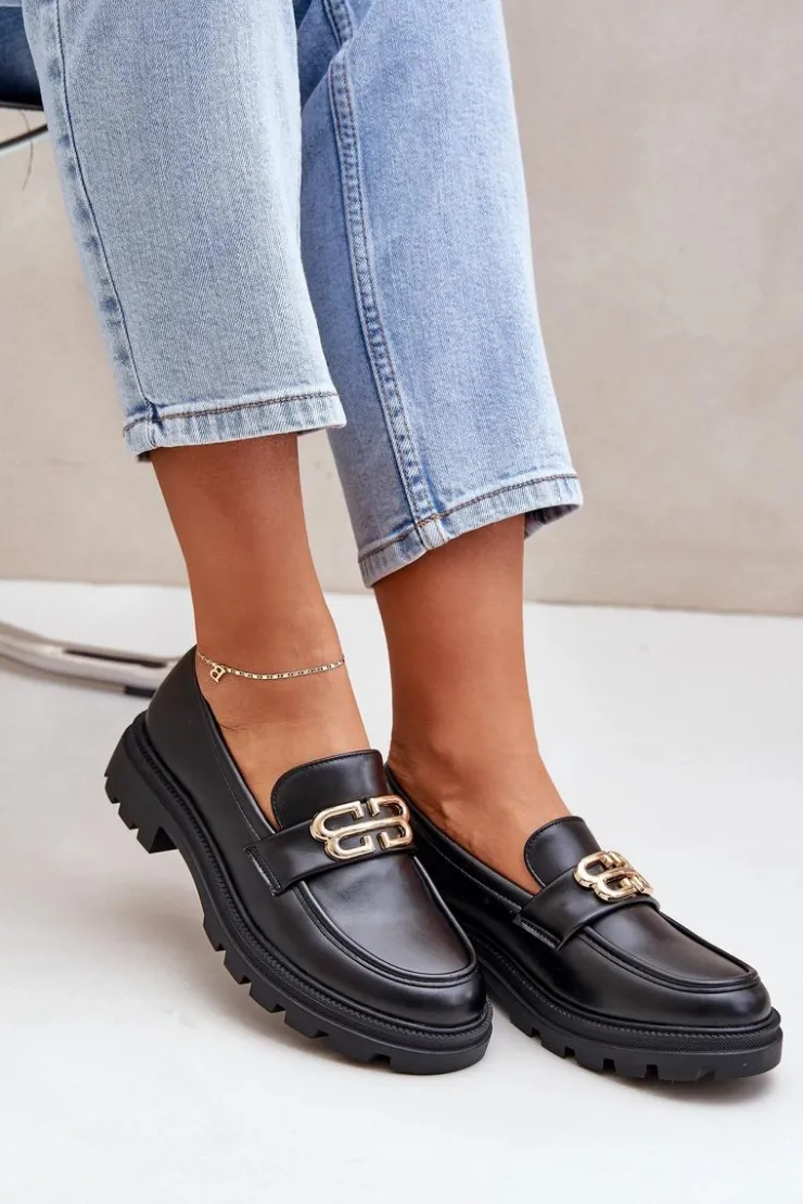 New Boto Mokasyny Damskie Ze Złotym Detalem Czarne Trionna