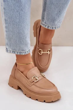 Boto Mokasyny Damskie Ze Złotym Detalem Beżowe Ferietta