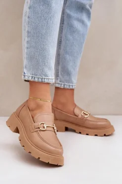 Boto Mokasyny Damskie Ze Złotym Detalem Beżowe Ferietta